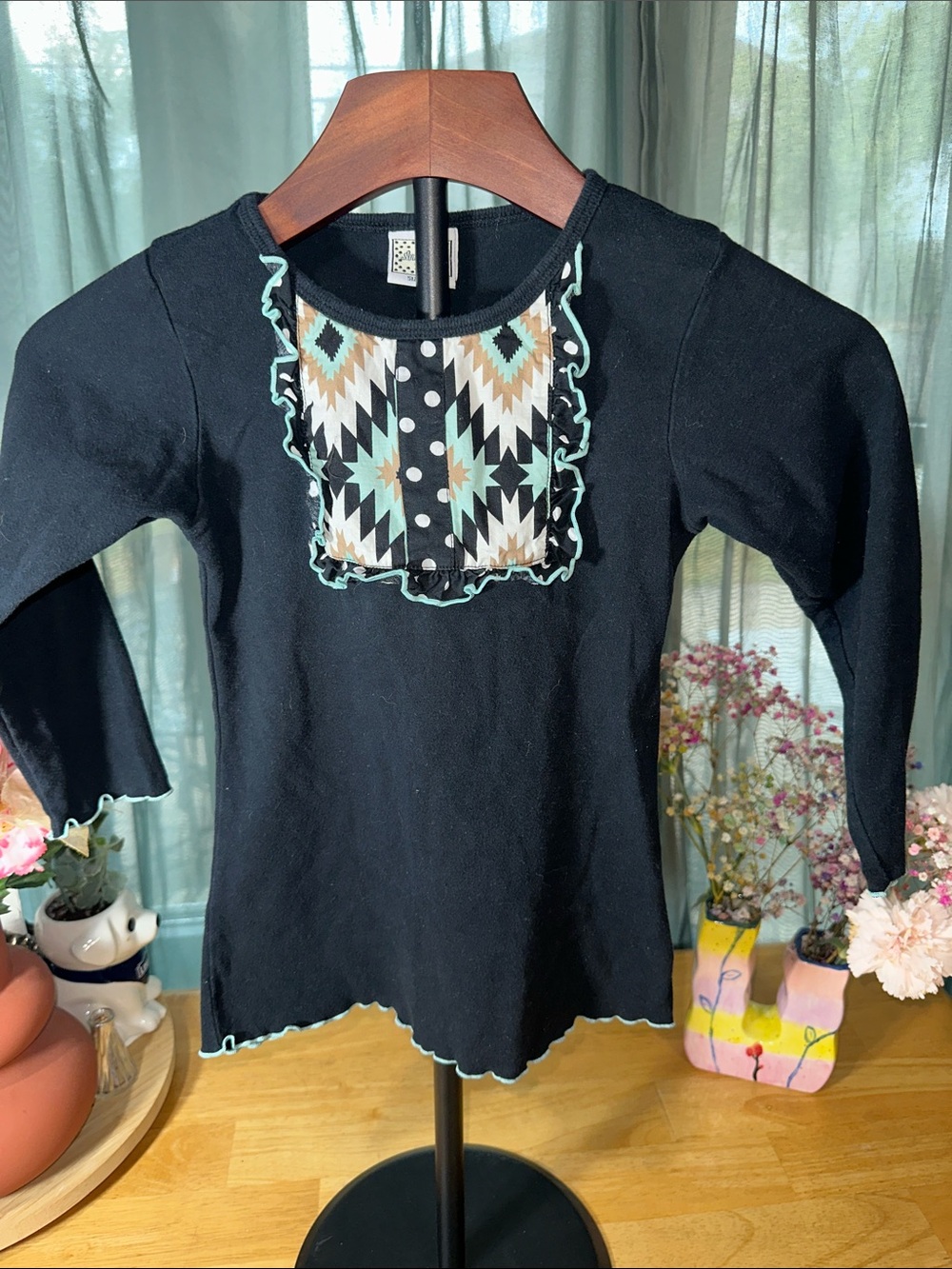 Ann Loren Black Long-Sleeve Top with Aztec Bib and Mint Trim